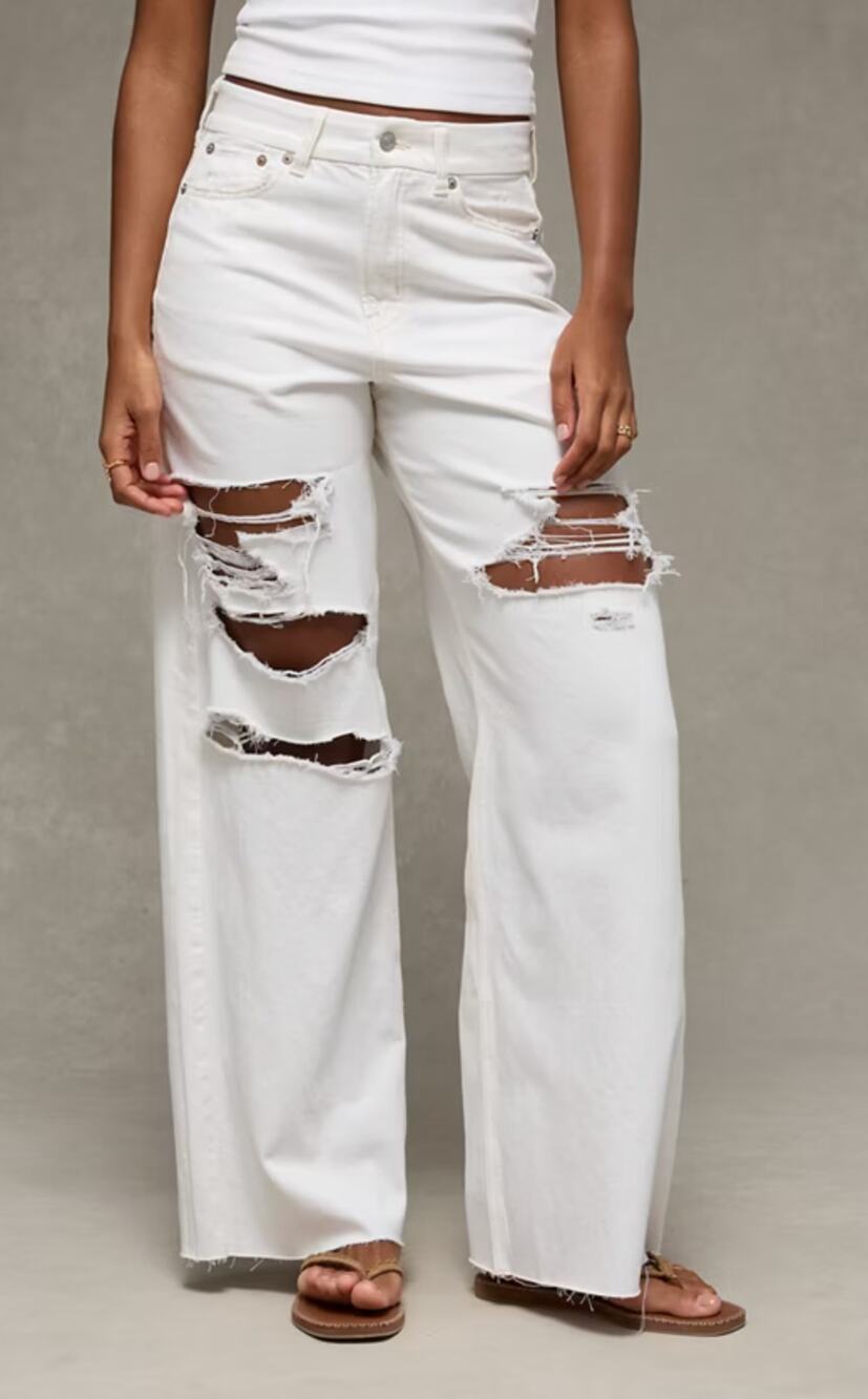 American Eagle Highest Rise Distressed Baggy Straight Leg Jeans White 2